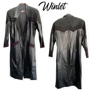 WINLIT 80’s style black trench coat leather jacket
